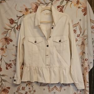 A BEAUTIFUL SOUL CREAM LIGHT DISTRESS JACKET WITH RUFFLE HEM No Size/ Guess 1X